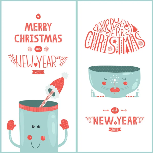 ベクター クリスマスのグリーティング カードとかわいいマグカップで新年 — ストックベクタ
