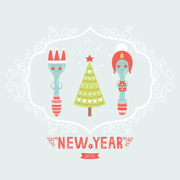 Biglietto di auguri natalizio vettoriale con cucchiaio, spina, albero — Vettoriale Stock