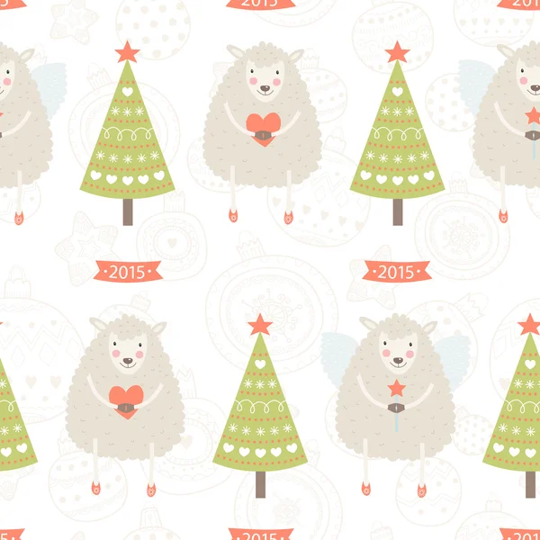 Vector christmas achtergrond met schattige schapen en boom — Stockvector