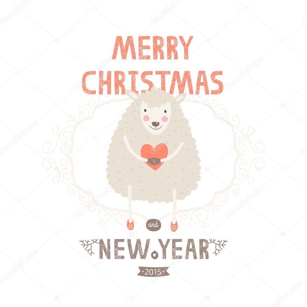 Vector christmas greeting card with cute sheep