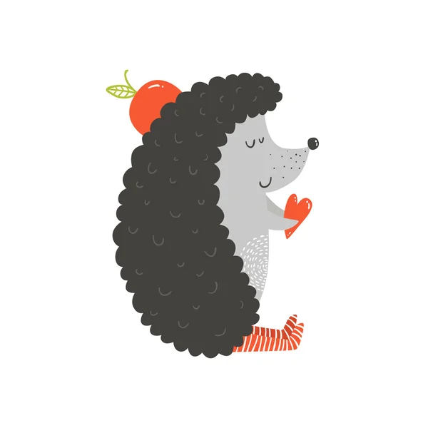 Vetor bonito ouriço com maçã e coração — Vetor de Stock