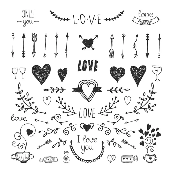Amore elementi decorativi, collezione disegnata a mano — Vettoriale Stock