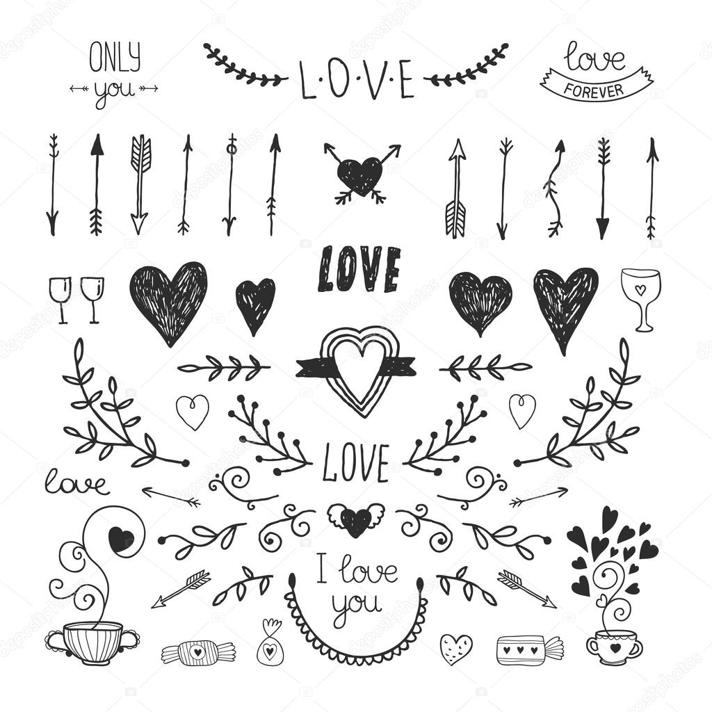 Love decorative elements, hand drawn collection
