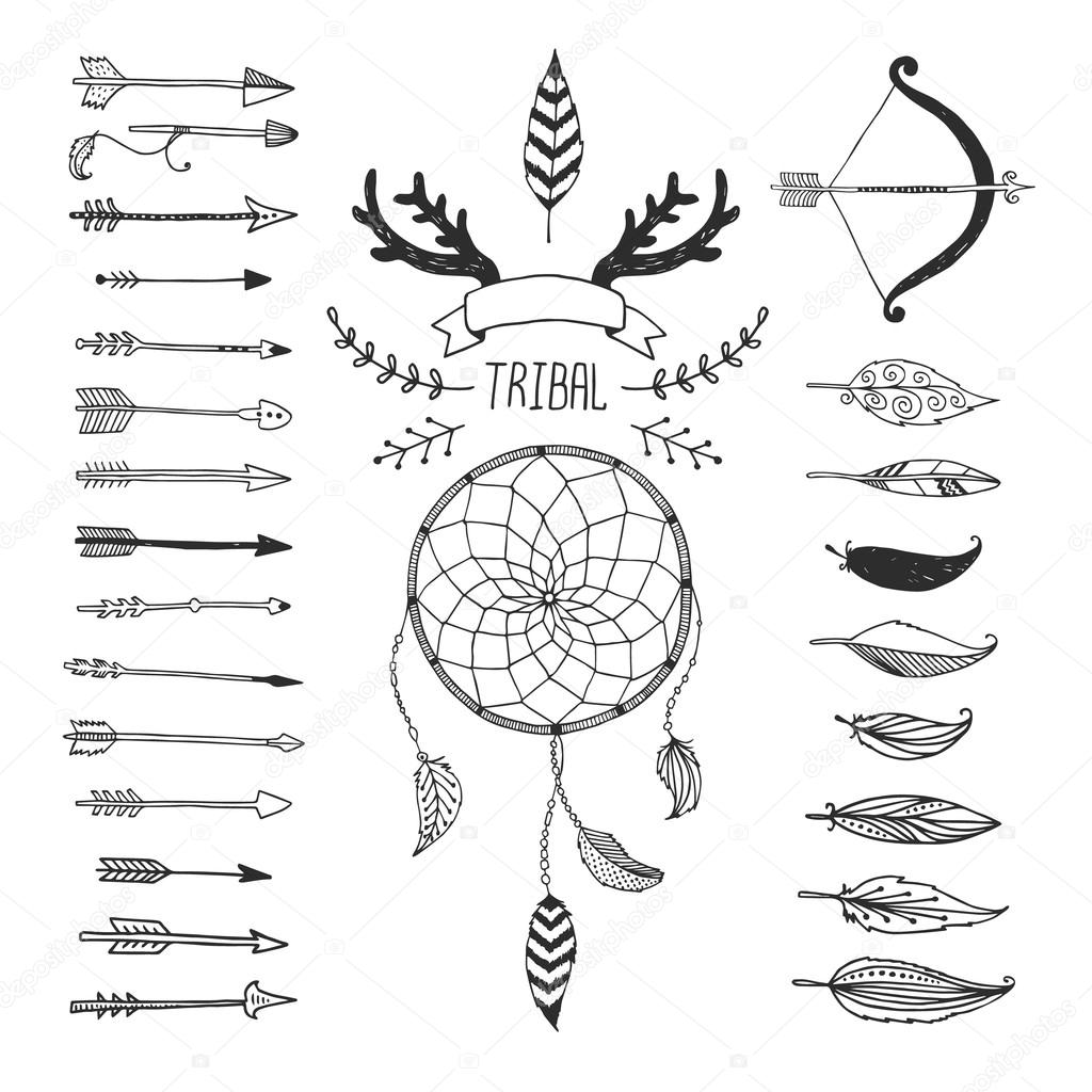 Vector Tribal design elements, aztec symbols, arrows, dreamcatcher, floral, ribbon, horns,  native american,  indian feather, bow with arrows isolated on white background. Hand drawn tribal, ethnic elements