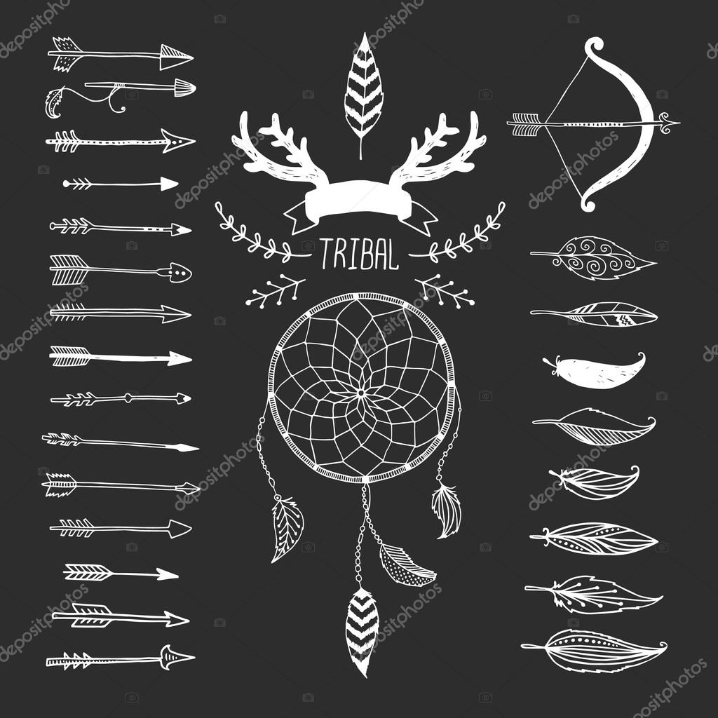 Vector Tribal design elements, aztec symbols, arrows, dreamcatcher, floral, ribbon, horns,  native american,  indian feather, bow with arrows. Hand drawn tribal, ethnic elements