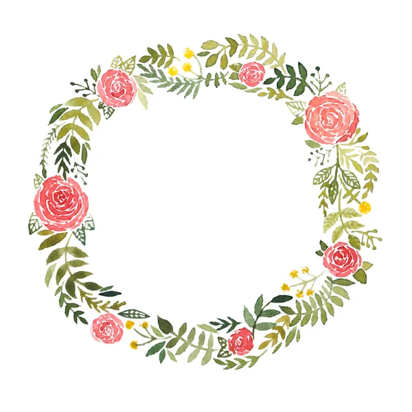Corona de acuarela con rosas y hojas — Vector de stock