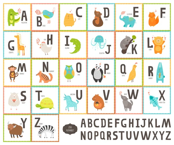 Grazioso alfabeto dello zoo vettoriale con animali dei cartoni animati — Vettoriale Stock