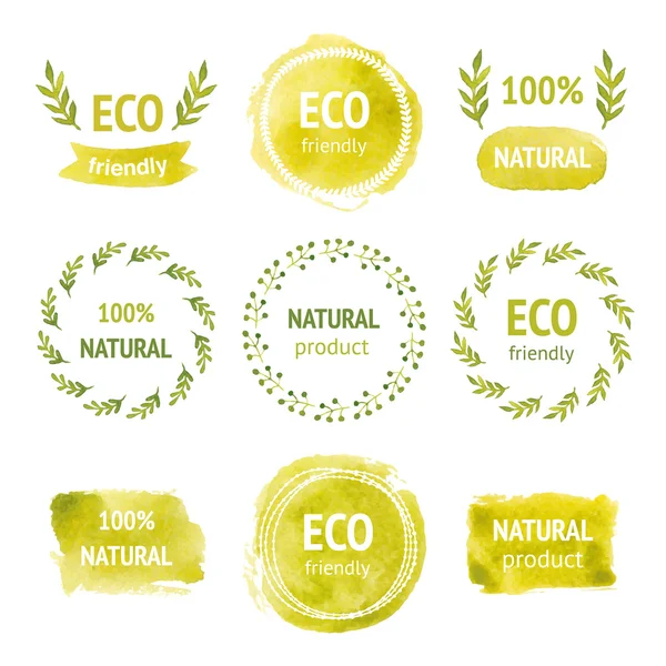 Set de etiquetas ecológicas acuarela dibujadas a mano Ilustración De Stock