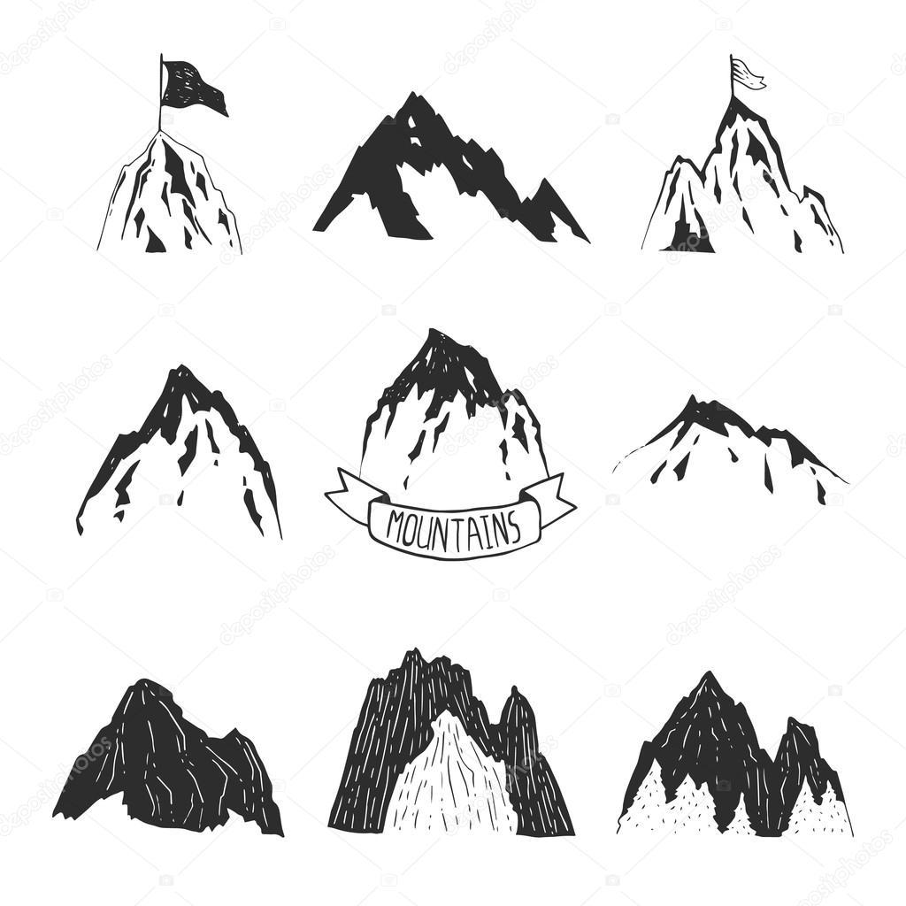 Mountains vector collection, hand drawn mountain set with ribbon, tree and flag for design logo and more. Mountains isolated on white background