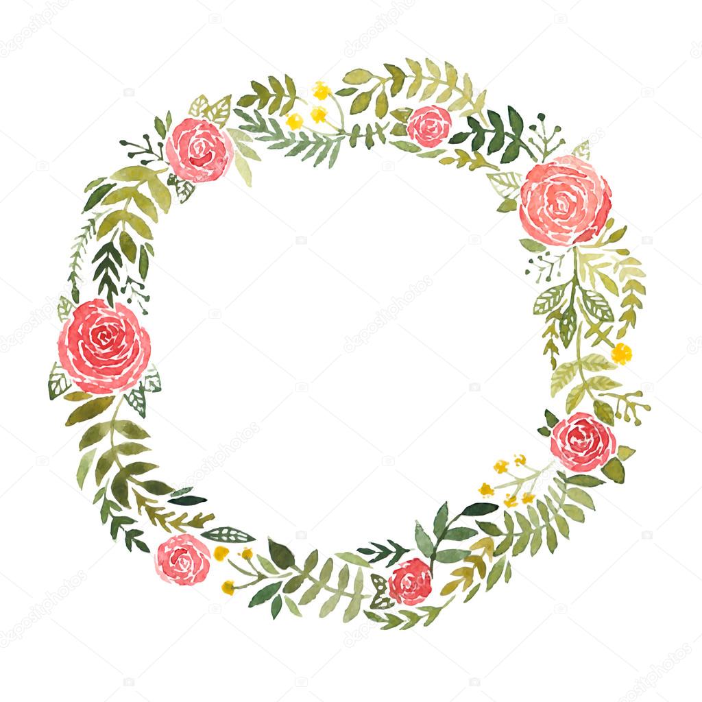 Watercolor wreath with roses and leaves