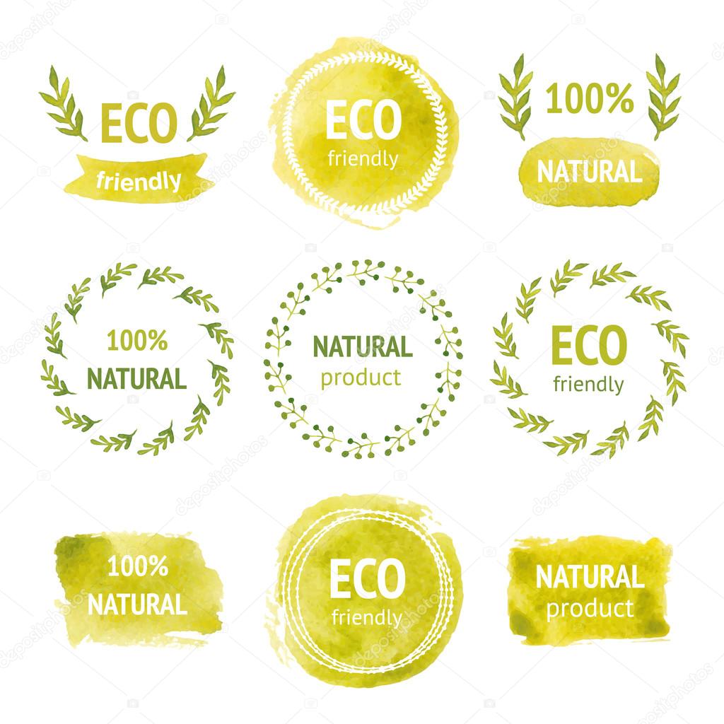 Set of hand drawn watercolor eco labels, floral wreaths, ribbon, tags,frames and borders, drop, template for design. Eco friendly, natural product