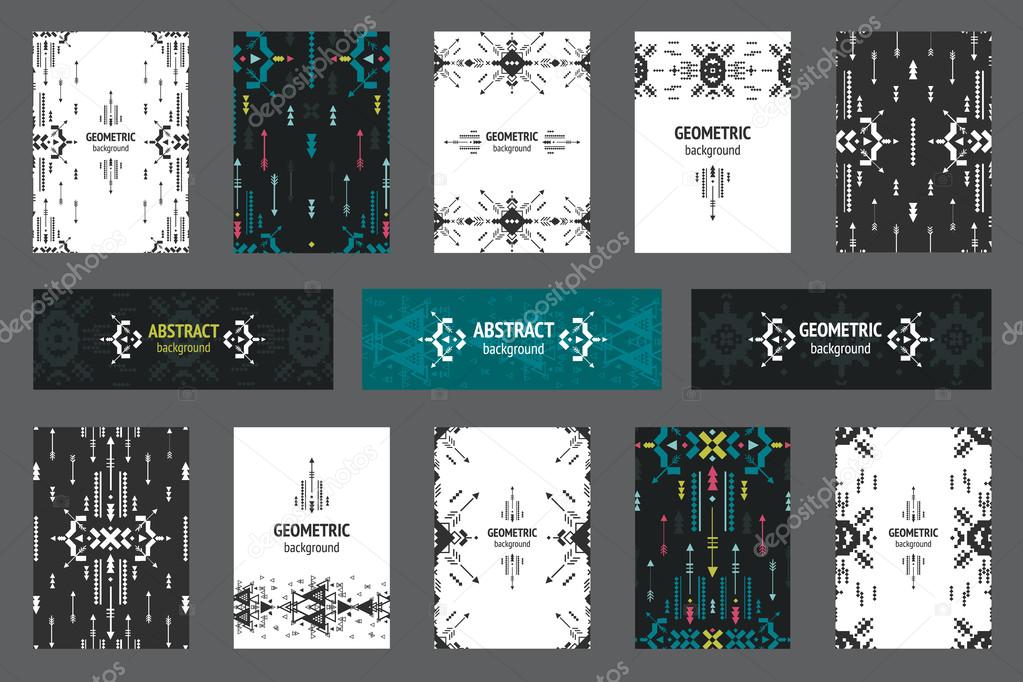 Set of geometric flyers, hipster background with tribal elements