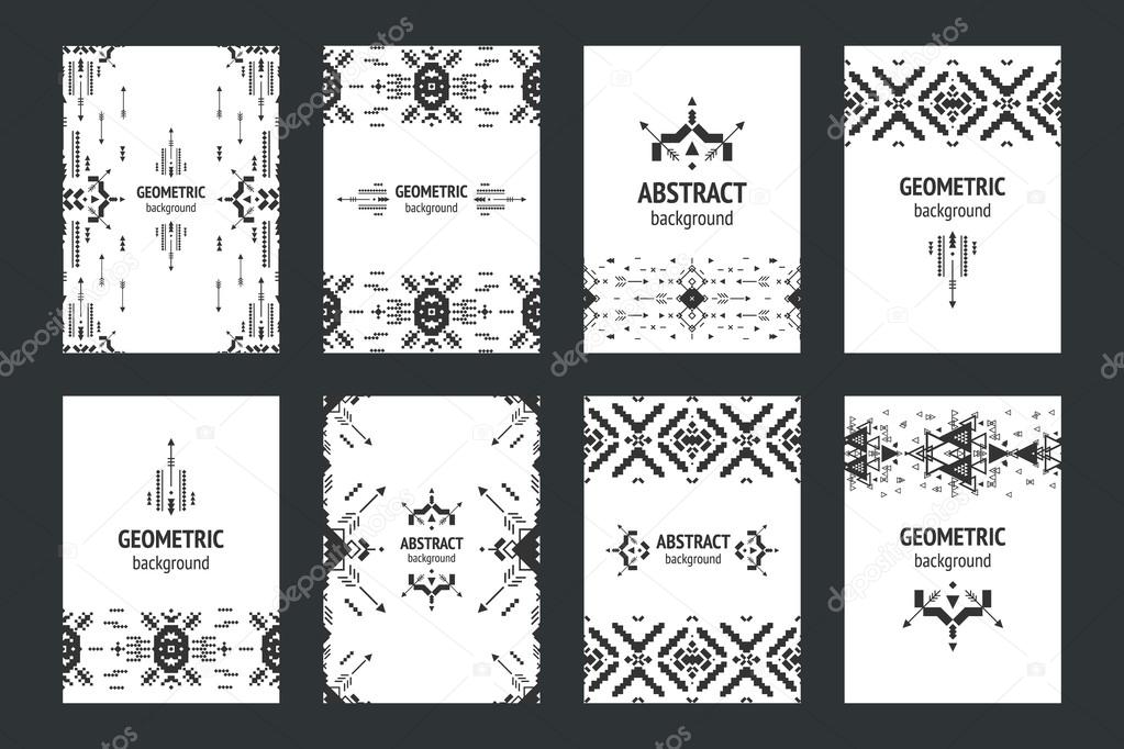 Set of geometric flyers, hipster background with tribal elements, arrows, triangular. Business brochure design templates
