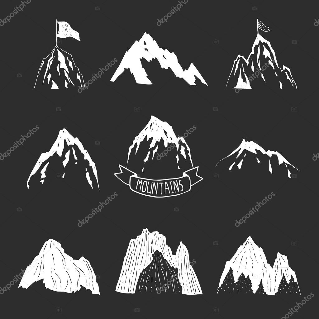 Mountains vector collection, hand drawn mountain set with ribbon, tree and flag for design logo and more. Mountains isolated on black background