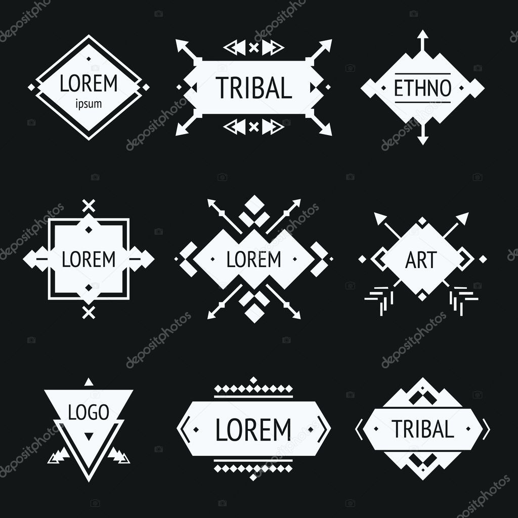 Set of abstract logo with tribal, ethnic, geometric elements, hipster logo, business label, navajo stile isolated on black background