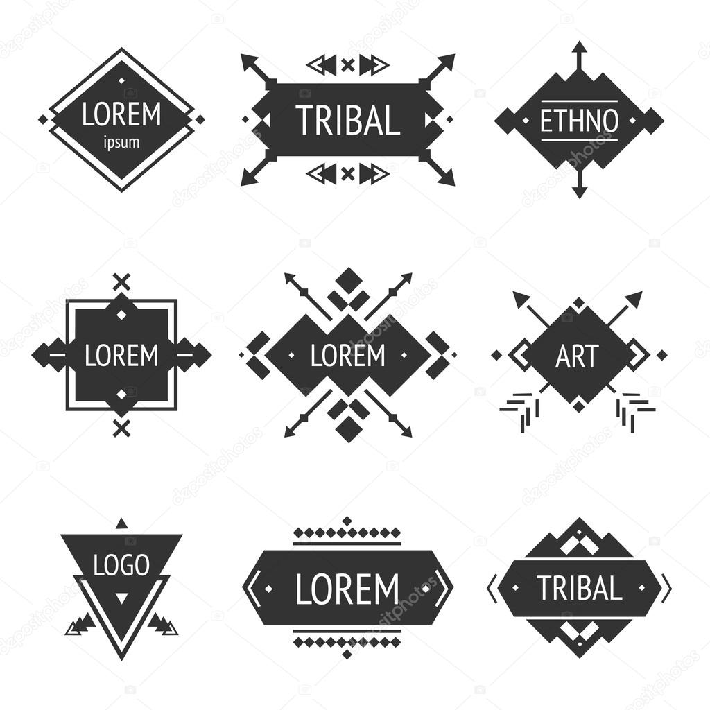 Set of abstract logo with tribal, ethnic, geometric elements, hipster logo, business label, navajo stile isolated on white background