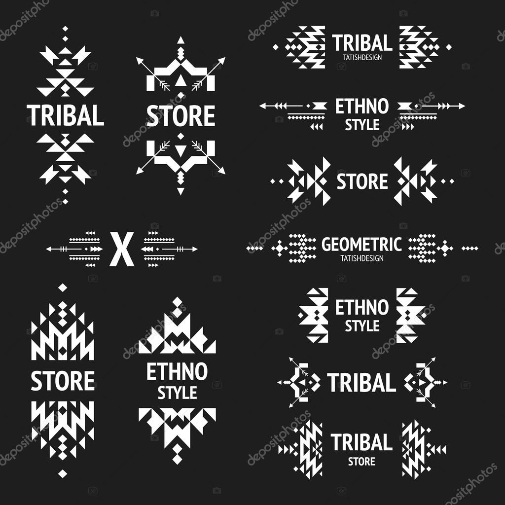 Set of abstract logo with tribal, ethnic, geometric elements, hipster logo, business label, navajo stile isolated on black background