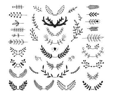 Set of vector hand drawn laurels, wreath, branches clipart