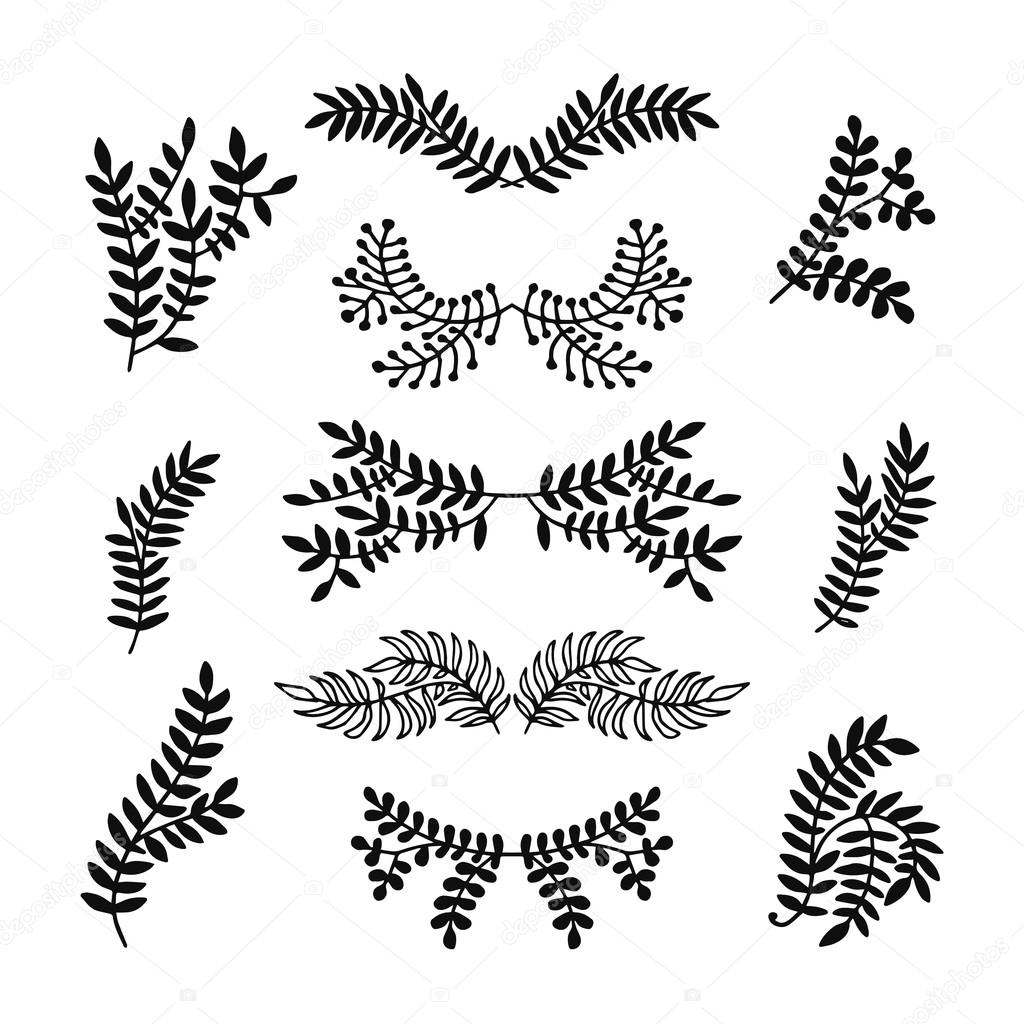Set of vector hand drawn laurels, wreath, branches