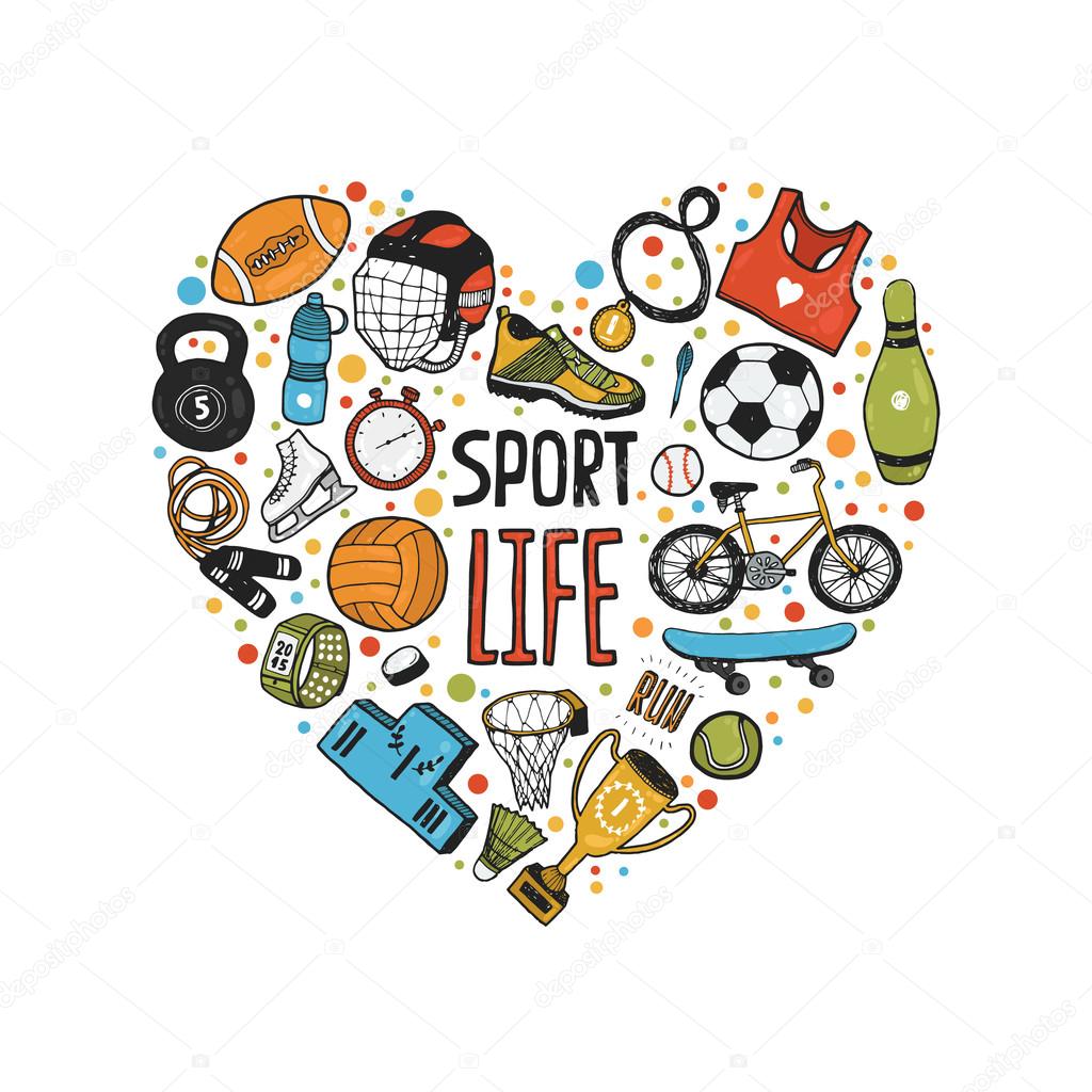 Hand drawn doodle sports symbols in heart