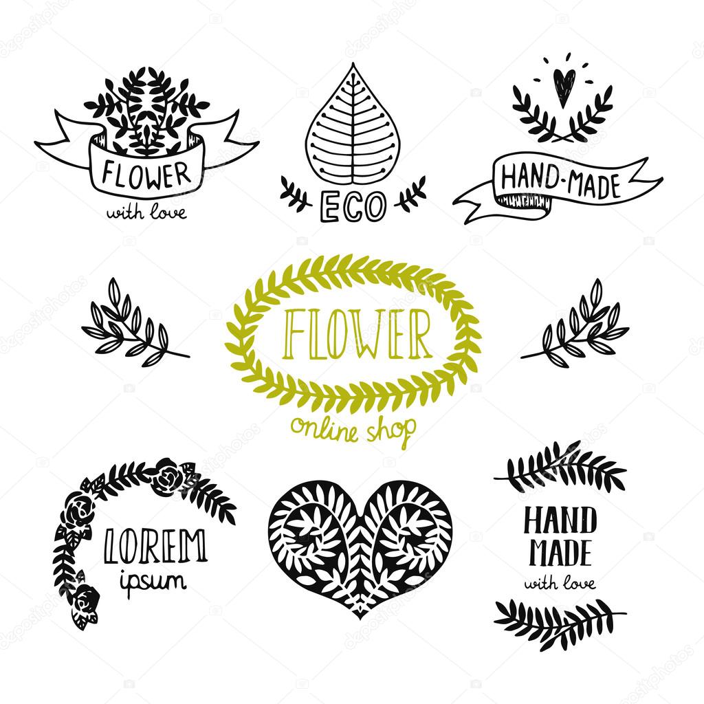 Vector Hand drawn natural logos, eco, floristics, hand made shop, flowers store, for design your business