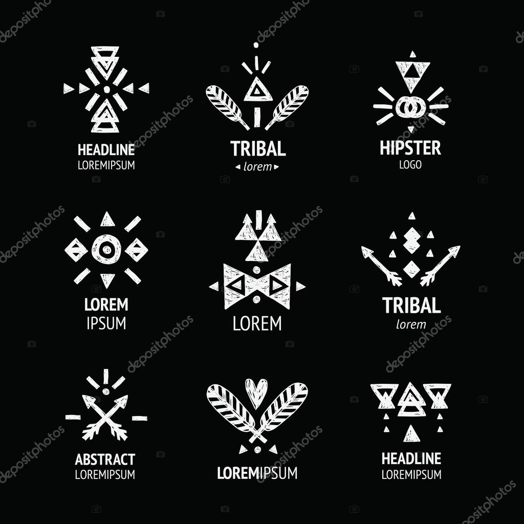 Set of abstract logo with tribal, ethnic, geometric elements, hipster logo, business label, navajo style isolated on white background