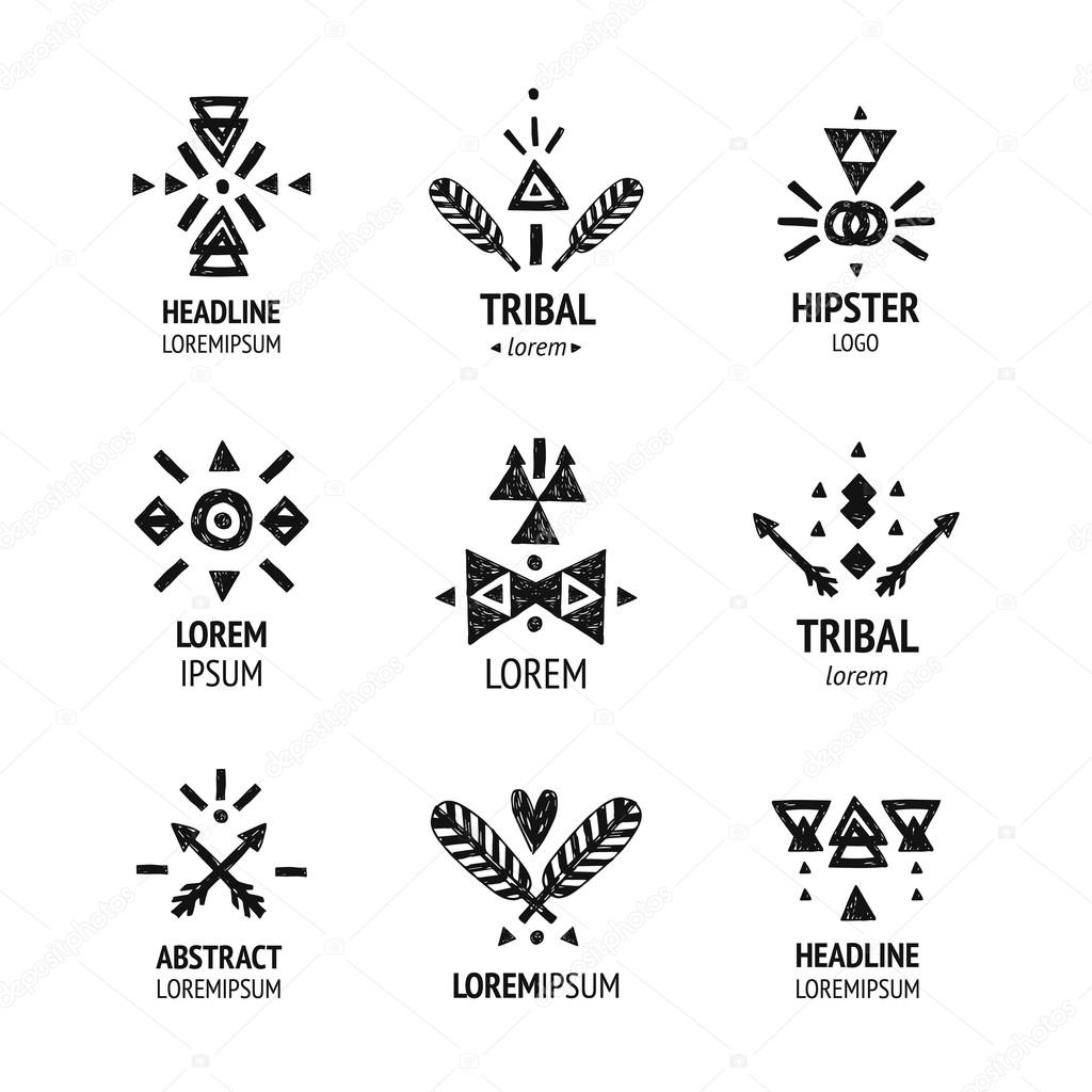 Set of abstract logo with tribal, ethnic, geometric elements, hipster logo, business label, navajo style isolated on white background