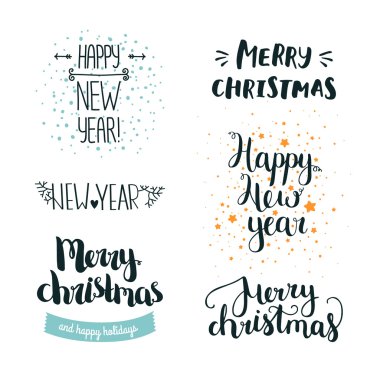 Mutlu Noeller ve mutlu yeni yıl yazı el kümesi çizilmiş