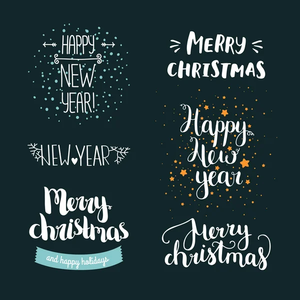 Conjunto de mão desenhada Feliz Natal e Feliz Ano Novo lettering — Vetor de Stock