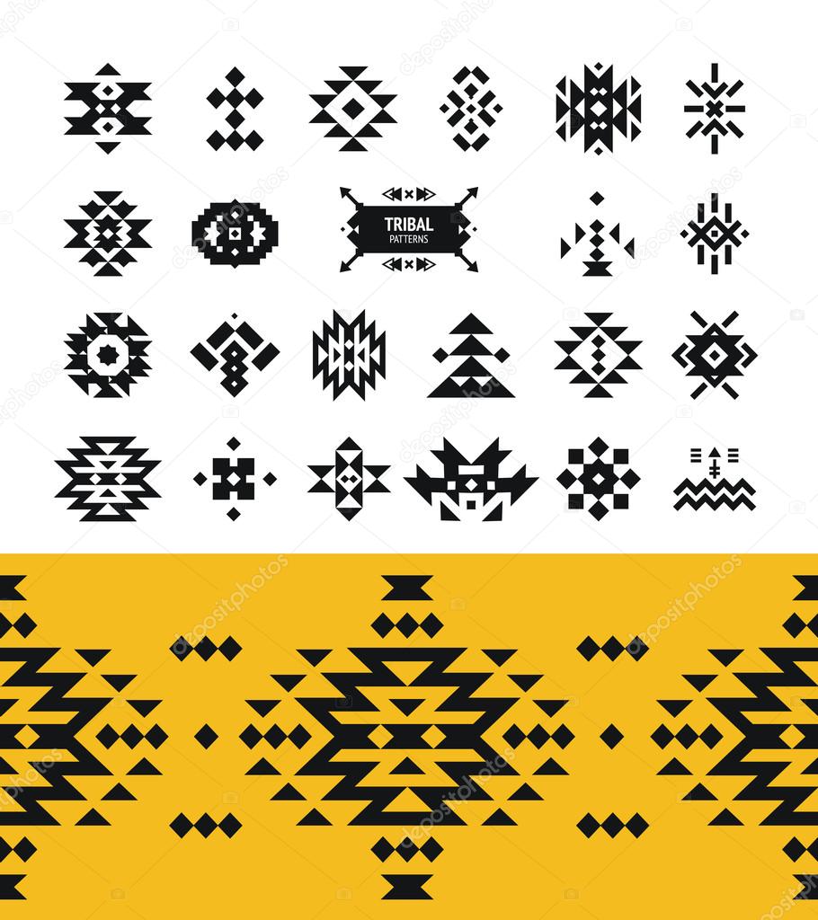 Vector Tribal elements with hipster logo, aztec patterns and ethnic symbols isolated on white background