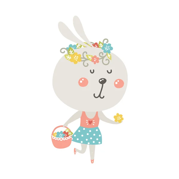 Lapin mignon avec panier et fleurs — Image vectorielle