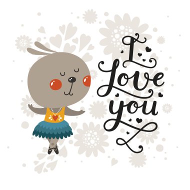 Sevimli tavşan ve handdrawn yazı tebrik kartı