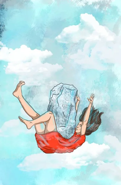 Girl Falls Block Ice Sky — Stock Photo, Image
