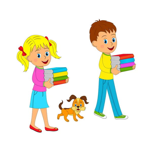 Boy and girl with book and dog — Stock Vector