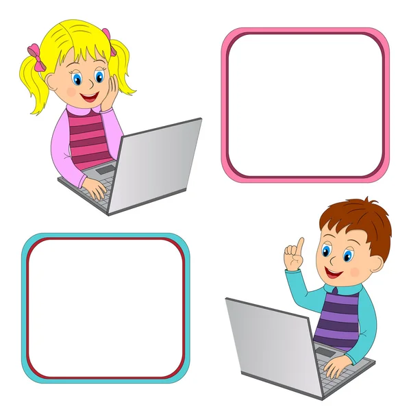 有手提电脑的男孩和女孩 — 图库矢量图片