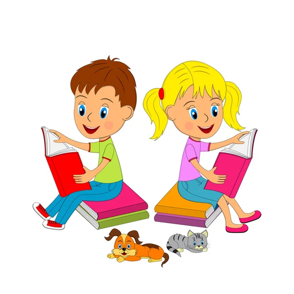Chłopiec i dziewczynka siedzi na książki i czytanie — Wektor stockowy