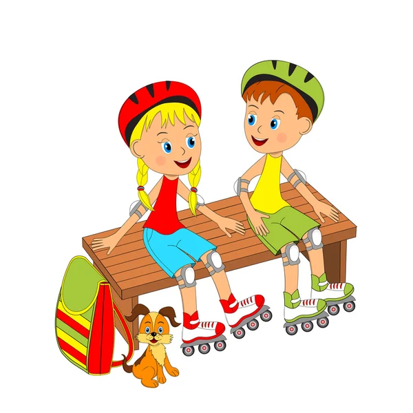 Мальчик и девочка сидят на скамейке с роликовыми коньками — стоковый вектор