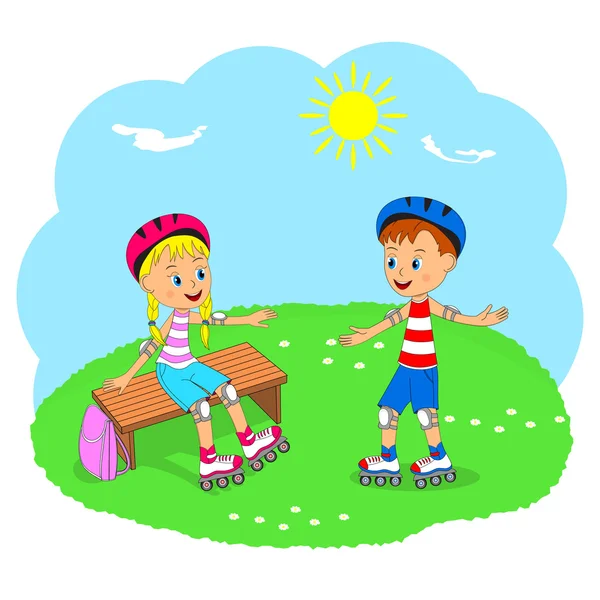 Αγόρι και κορίτσι με πατίνια — Διανυσματικό Αρχείο