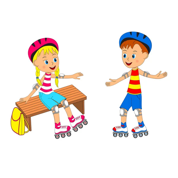 Chlapec a dívka na kolečkových bruslích — Stockový vektor