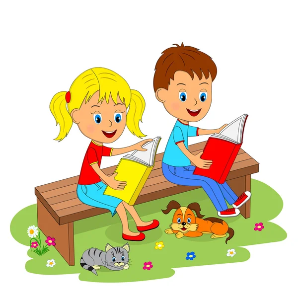 Αγόρι και κορίτσι κάθονται στον πάγκο και ανάγνωση — Διανυσματικό Αρχείο