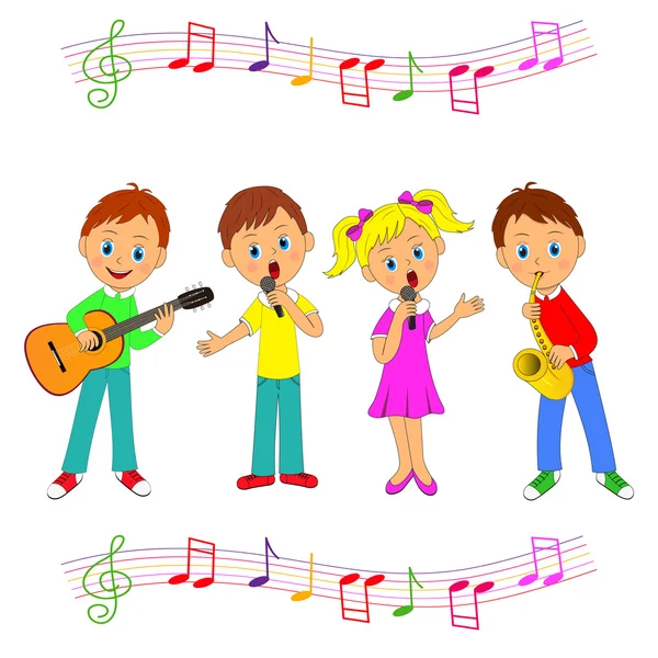 男孩和女孩演奏音乐和唱歌 — 图库矢量图片