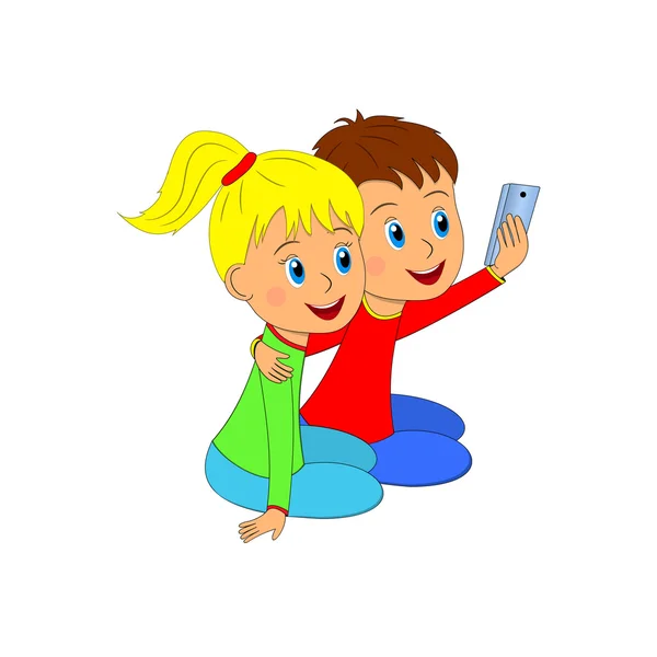 Menino e menina sentados no chão para o telefone —  Vetores de Stock