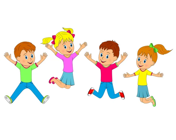 Boys and girls jumping and smiling with their hands up — Stock Vector