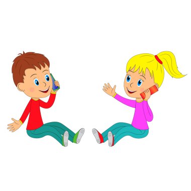 erkek ve kız çocuk oturma ve telefonda konuşurken