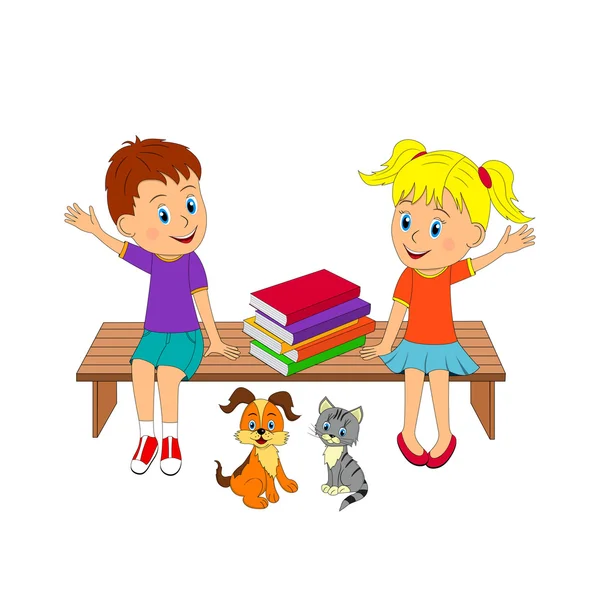 Boy and girl on the bench and book — Stock Vector