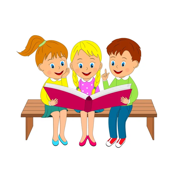 Menino e meninas no banco ler livro — Vetor de Stock