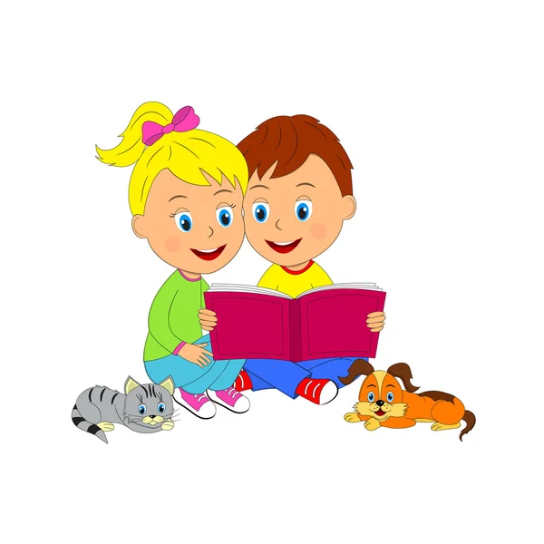 Boy and girl sit and read book — Stock Vector