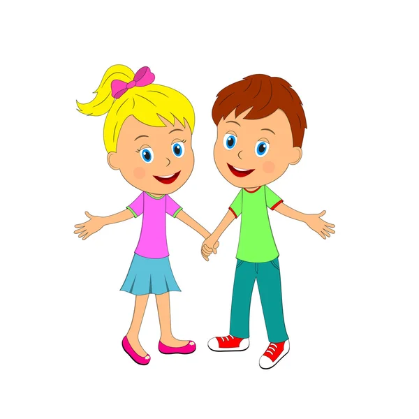 Хлопчик і дівчинка тримають руки і посміхаються — стоковий вектор