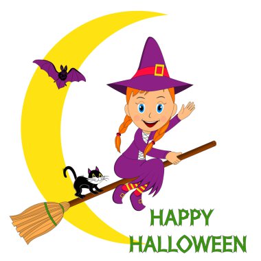 sevimli cadı süpürge, kedi, ay ve yarasa