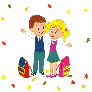 erkek ve kız çanta ve yaprakları ile